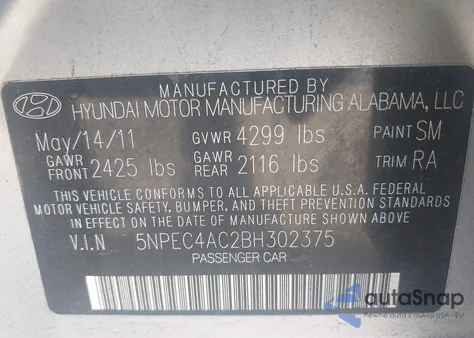 2011 Hyundai Sonata Limited from USA, damaged, VIN 5NPEC4AC2BH302375
